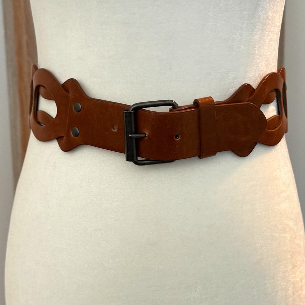 BCBG Tan Leather Belt Bronze Buckle Braided Detailing (Medium) - Picture 2 of 6